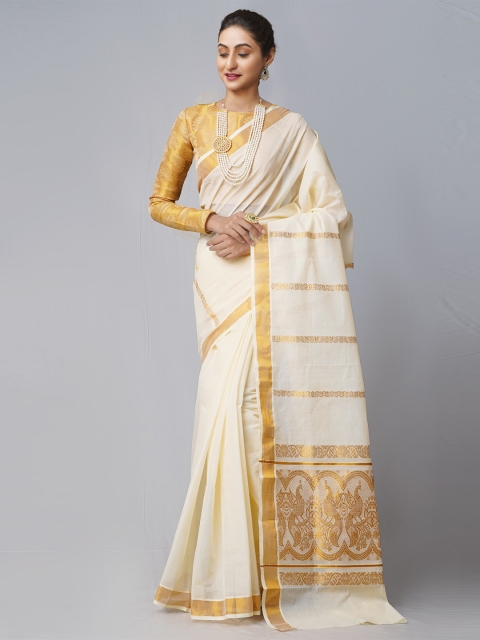 

Unnati Silks Cream & Gold Woven Design Zari Pure Cotton Kasavu Saree