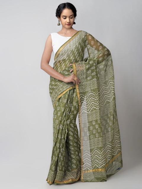 

Unnati Silks Olive Green & White Ethnic Motifs Zari Pure Cotton Kota Saree