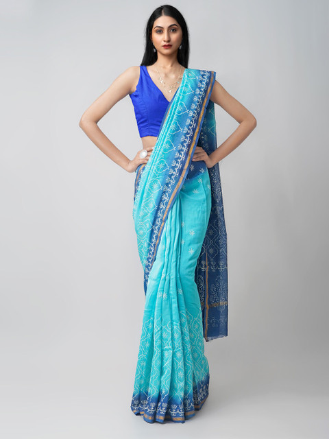 

Unnati Silks Blue & White Ethnic Motifs Zari Silk Cotton Chanderi Saree
