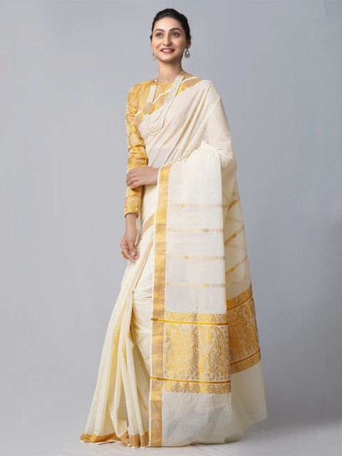 

Unnati Silks Women Cream Woven Design Kerala Kasavu Pure Cotton Saree