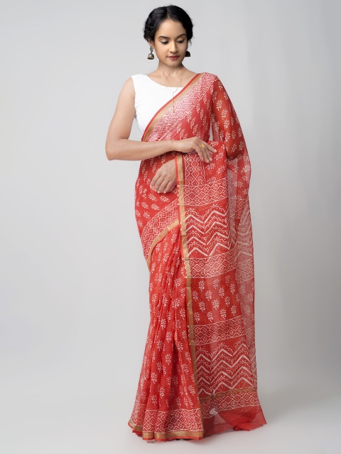 

Unnati Silks Red & White Ethnic Motifs Zari Pure Cotton Kota Saree