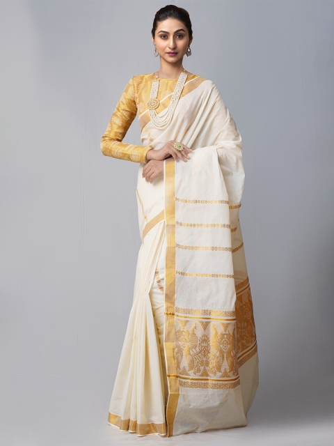 

Unnati Silks Cream & Gold-Toned Woven Design Pure Cotton Kasavu Saree