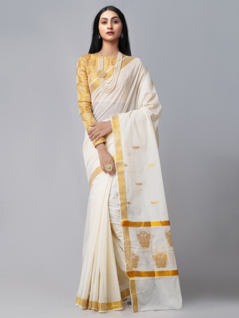 

Unnati Silks Cream-Coloured & Gold-Toned Woven Design Zari Pure Cotton Kasavu Saree