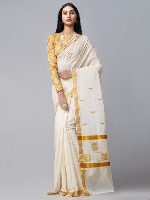 

Unnati Silks Women Cream & Gold-Toned Woven Design Pure Cotton Kasavu Zari Saree