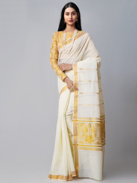 

Unnati Silks Cream & Gold Woven Design Zari Pure Cotton Kerala Kasavu Saree