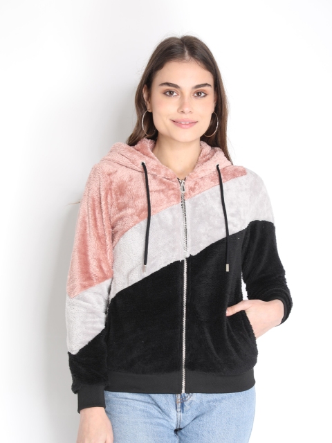 

LURE URBAN Women Black & Peach Colourblocked Hooded Sweatshirt