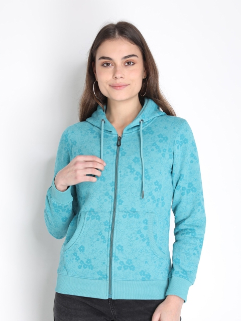 

LURE URBAN Women Turquoise Blue Floral Printed Hooded Sweatshirt