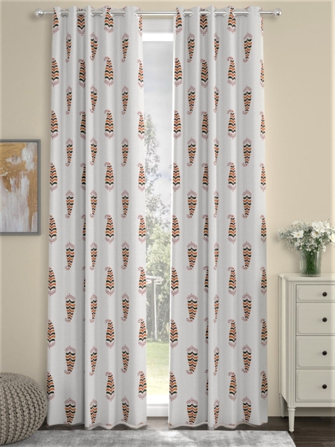 

LA VERNE White & Orange Set of 2 Ethnic Motifs Door Curtain