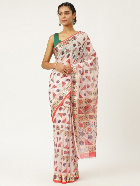 

KARAGIRI Orchid White & Red Digital Printed Cotton Linen Saree