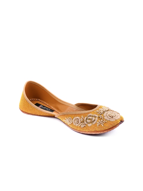 

Coral Haze Women Mustard Yellow Handcrafted Silk Juttis