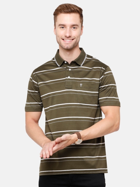 

Classic Polo Men Olive Green Striped Polo Collar T-shirt