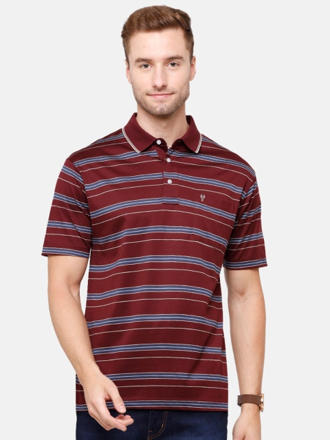 

Classic Polo Men Maroon & Blue Striped Polo Collar Pockets T-shirt