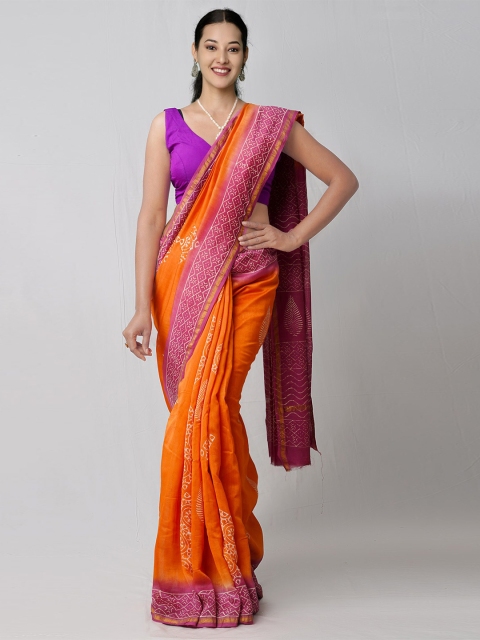 

Unnati Silks Orange & Magenta Printed Chanderi Silk Cotton Saree