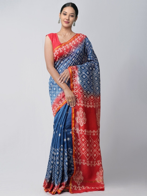 

Unnati Silks Blue & Red Ethnic Motifs Silk Cotton Chanderi Saree