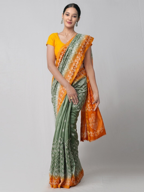 

Unnati Silks Green & Orange Ethnic Motifs Silk Cotton Hand Block Printed Chanderi Saree