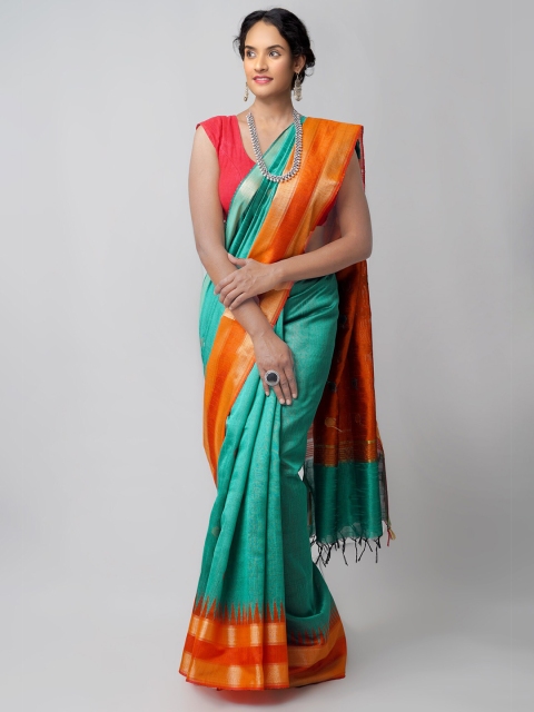 

Unnati Silks Teal & Orange Woven Design Linen Blend Jamdani Saree