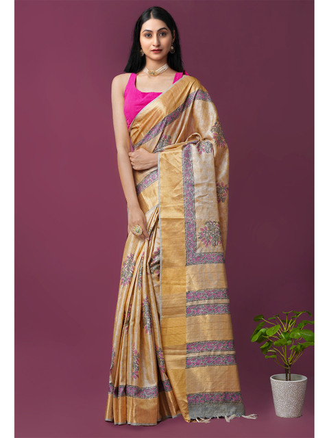 

Unnati Silks Brown & Purple Ethnic Motifs Zari Pure Silk Tussar Saree