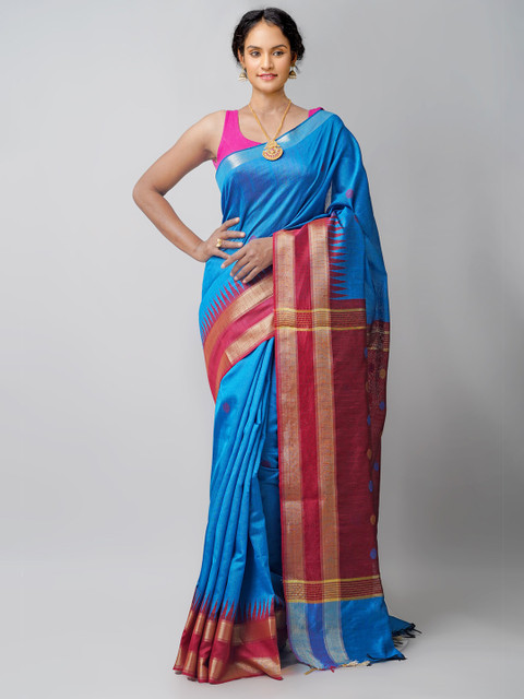 

Unnati Silks Blue & Maroon Woven Design Linen Blend Jamdani Saree
