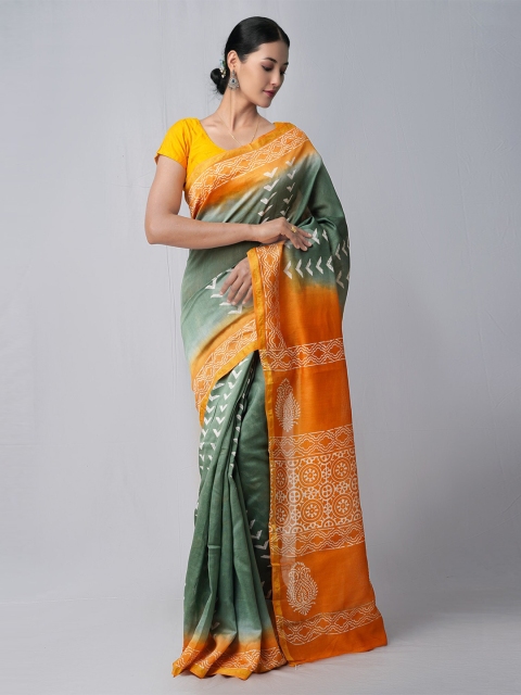 

Unnati Silks Orange & Green Printed Chanderi Silk Cotton Saree