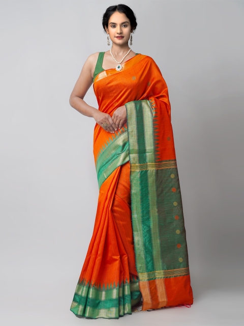 

Unnati Silks Orange & Green Woven Design Linen Blend Jamdani Saree