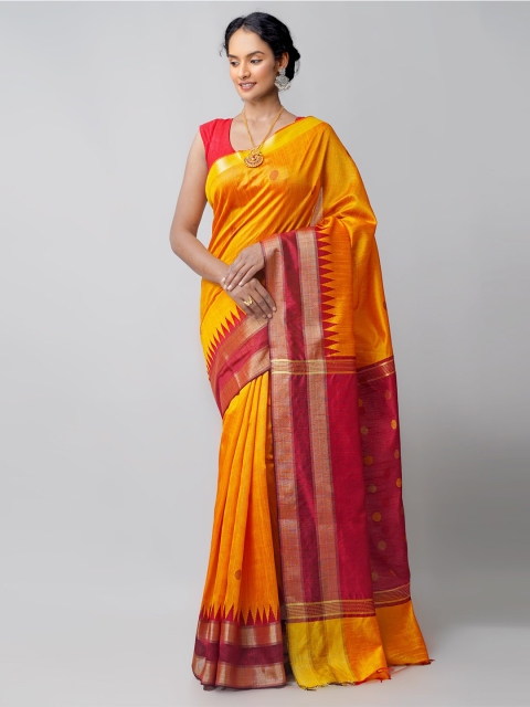 

Unnati Silks Orange & Red Woven Design Zari Linen Blend Jamdani Saree