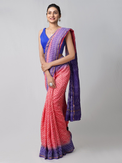 

Unnati Silks Pink & Purple Ethnic Motifs Silk Cotton Chanderi Saree
