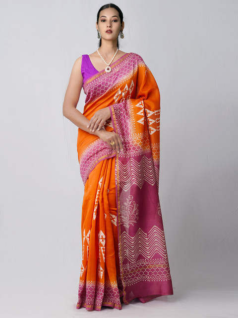 

Unnati Silks Orange & Magenta Ethnic Motifs Silk Cotton Chanderi Saree
