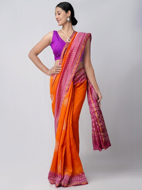 

Unnati Silks Orange & Magenta Printed Chanderi Silk Cotton Saree