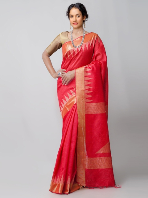 

Unnati Silks Red & Gold-Toned Woven Design Linen Blend Jamdani Saree