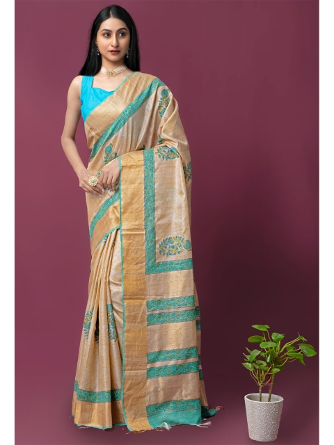 

Unnati Silks Cream & Blue Floral Handloom Sustainable Printed Pure Silk Tussar Saree