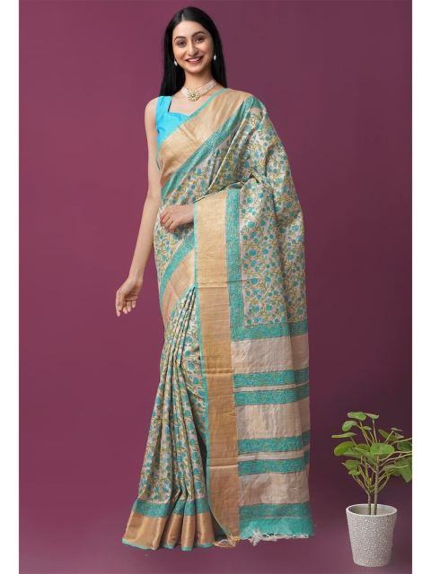 

Unnati Silks Brown & Blue Handloom Sustainable Ethnic Motifs Zari Pure Silk Tussar Saree