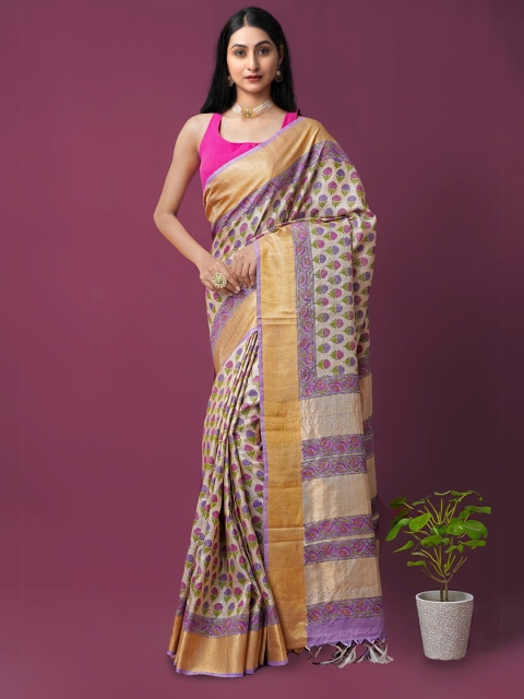 

Unnati Silks Brown & Green Ethnic Motifs Handloom Ghicha Tussar Silk Saree