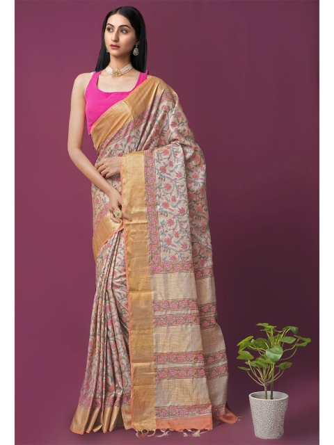 

Unnati Silks Women Brown & Gold Floral Printed Woven Design Pure Silk Tussar Saree