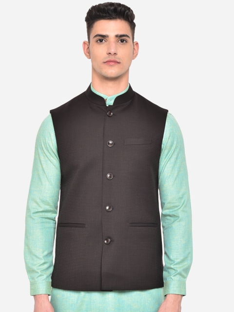 

JADE BLUE Men Brown Checked Woven Nehru Jacket