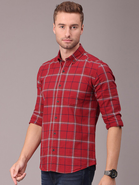 

FOGA Men Red Original Slim Fit Water Resistant Dust Repellent Checked Casual Shirt