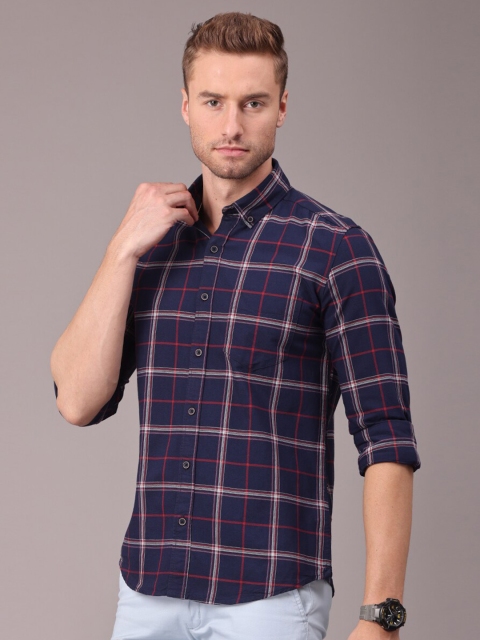 

FOGA Men Navy Blue Original Slim Fit Checked Water Resistant Dust Repellent Casual Shirt