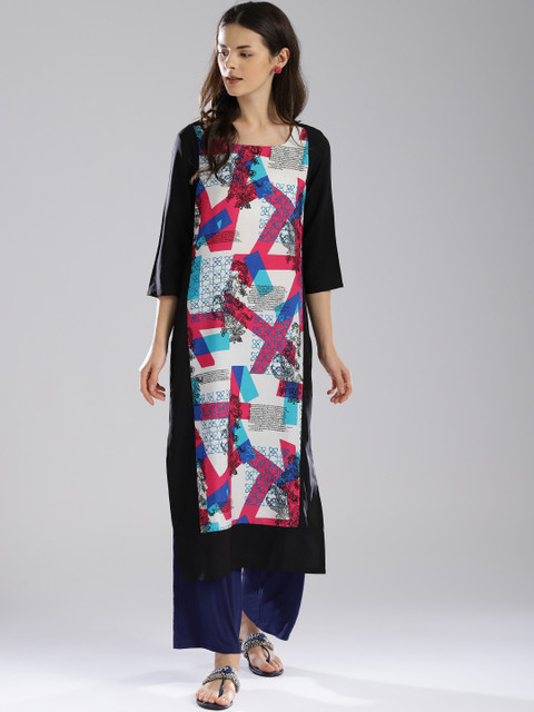 

W Women Black & Pink Printed Straight Kurta