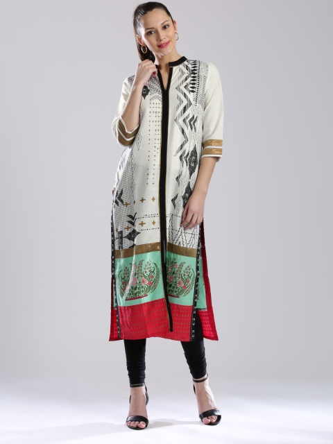 

W Women White Printed Straight Kurta