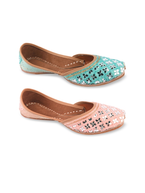

DESI COLOUR Women Blue & PInk Embellished Leather Ethnic Mojaris