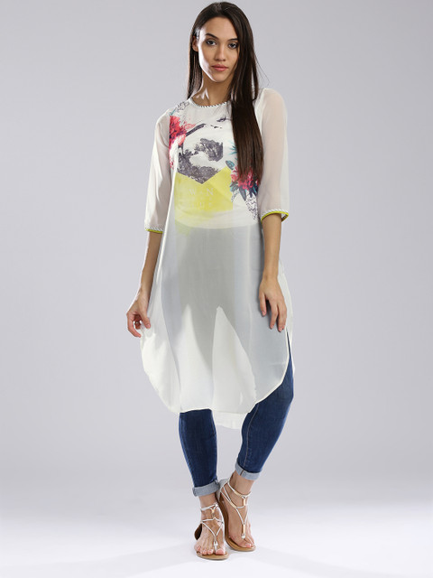 

W Women White Printed Sheer Longline Top