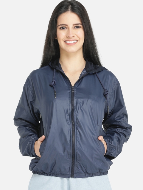 

DECHEN Women Navy Blue Windcheater Crop Bomber Jacket