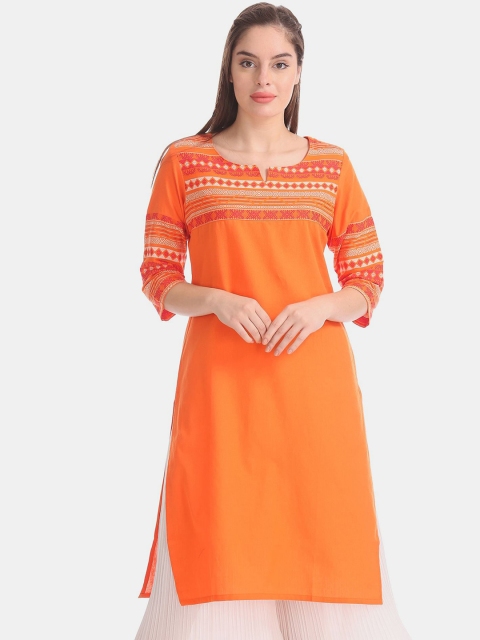 

Karigari Women Orange Ethnic Motifs Embroidered Yoke Design Thread Work Cotton Kurta
