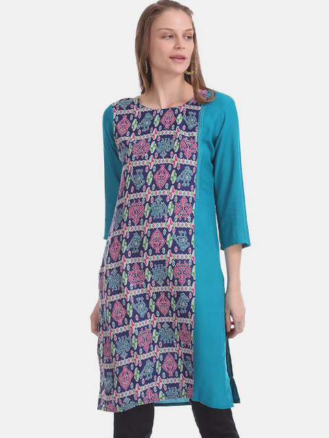 

Karigari Women Green Tribal Printed Mirror Work Kurta