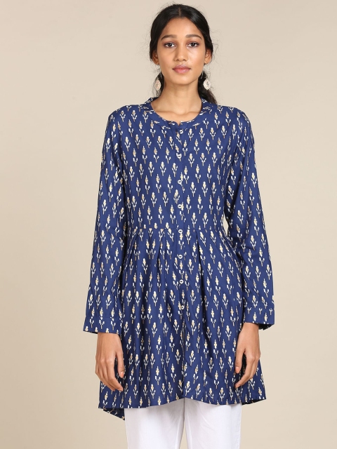 

Karigari Women Blue & White Quirky Print Band Collar Cuffed Sleeves Pleated Anarkali Kurta