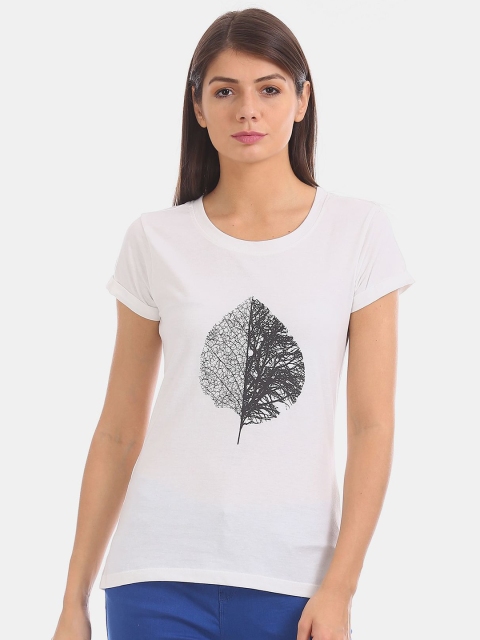

Cherokee Women White & Black Floral Printed Cotton Blend T-shirt