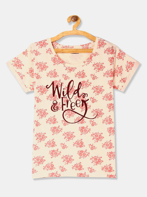 

Sugr Women Pink & Cream-Coloured Floral Printed Cotton T-shirt