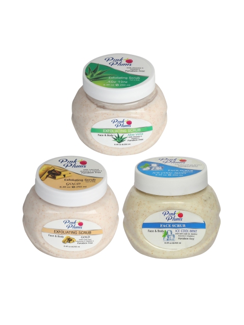 

Pink Plums Set Of 3 Paraben Free Aloevera Gold Ice Cool Exfoliating Scrubs, Multi