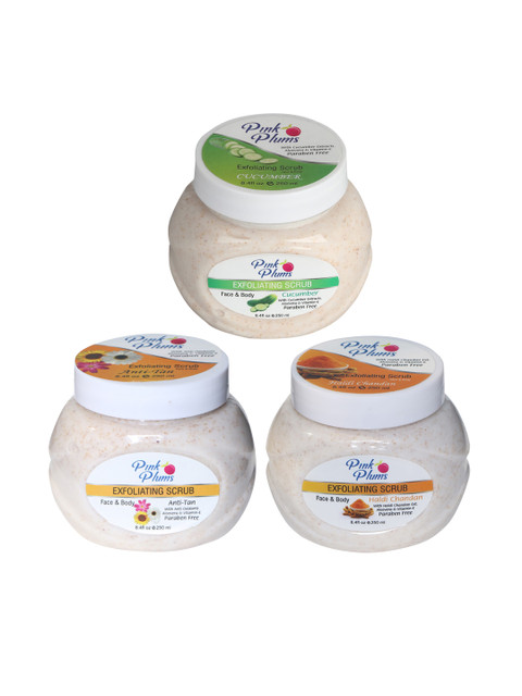 

Pink Plums Pack of 3 Cucumber Haldi Anti-Tan Face & Body Exfoliating Scrub- 250ml Each, Multi