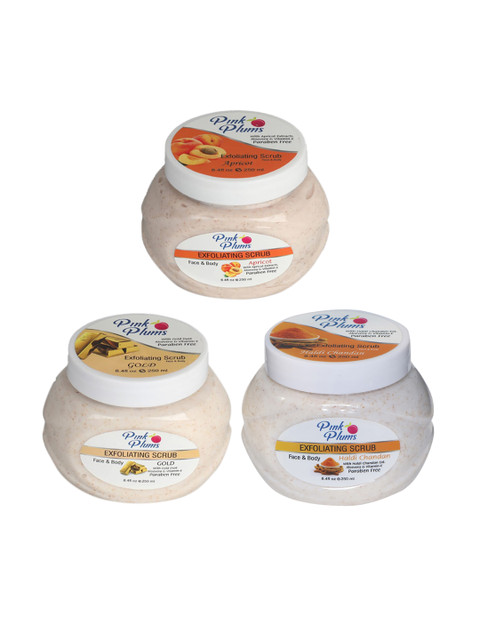 

Pink Plums Set Of 3 Paraben Free Apricot Gold Haldi & Chandan Exfoliating Scrubs, Multi