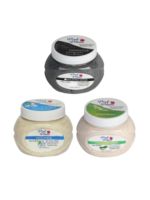 

Pink Plums Pack of 3 Charcoal Cucumber Ice Cool Face & Body Exfoliating Scrub-250ml Each, Multi